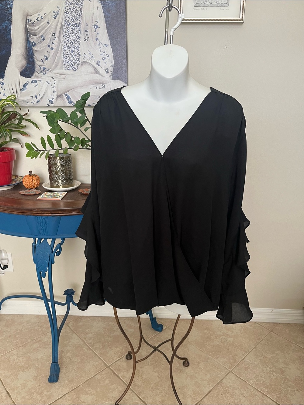 Ann Taylor Black Ruffle Long Sleeve Crossover Top - XL